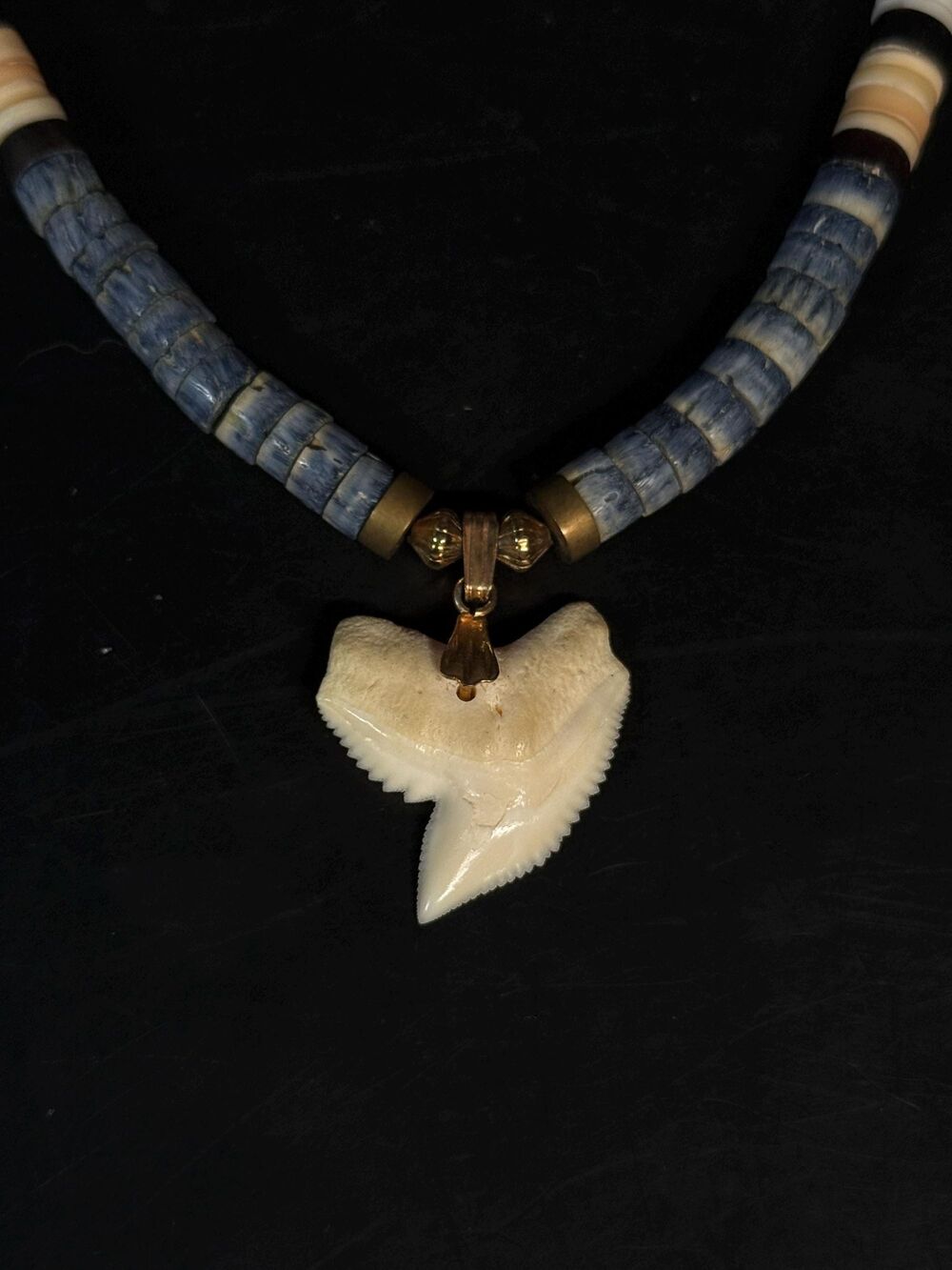 Vintage Blue Coral Shell Heishi Shark Tooth Pendant Necklace